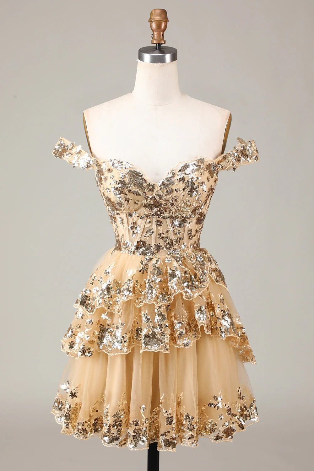HEULORIA Champagne Off-the-Shoulder Sequin Tiered Mini Dress - Corset Bodice Party & Homecoming Dress ED-277