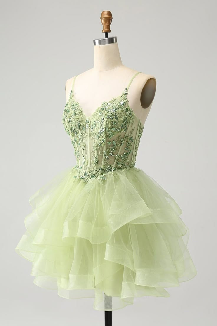HEULORIA Sage Green Sequin Floral Corset Short Homecoming Dress - Tiered Tulle Party Gown ED-320