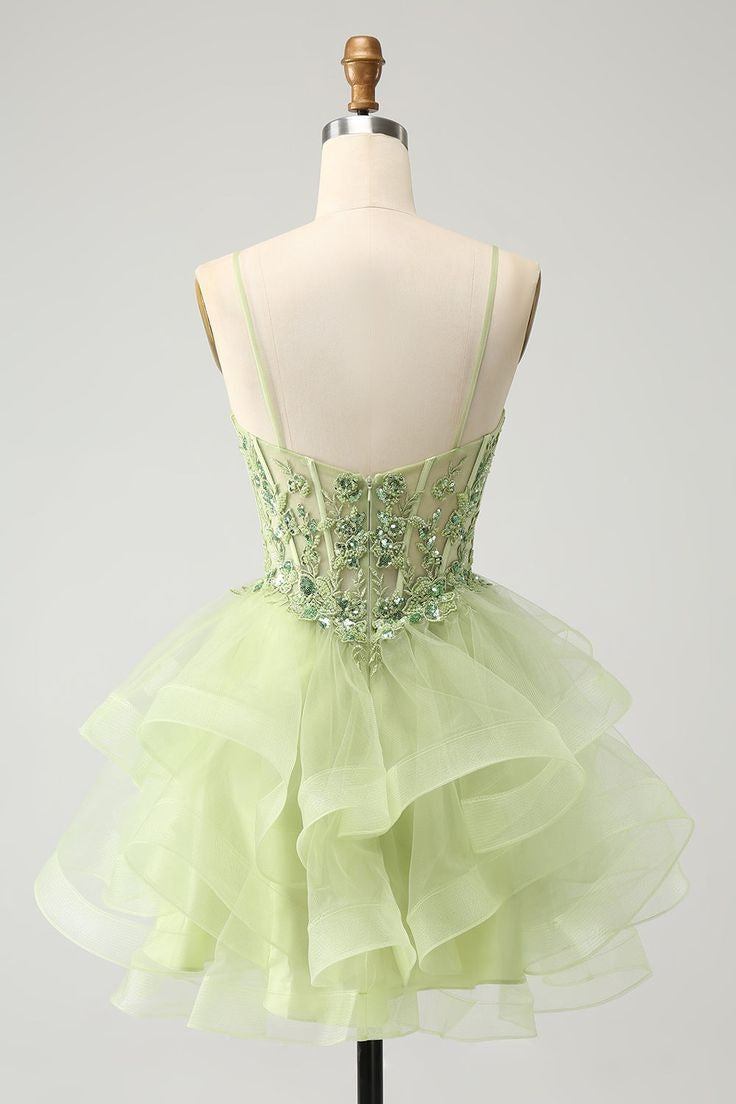 HEULORIA Sage Green Sequin Floral Corset Short Homecoming Dress - Tiered Tulle Party Gown ED-320