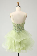 HEULORIA Sage Green Sequin Floral Corset Short Homecoming Dress - Tiered Tulle Party Gown ED-320