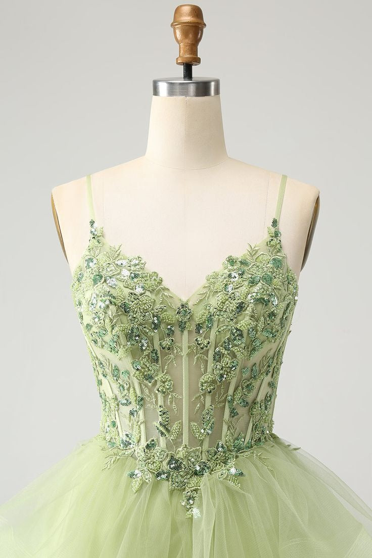 HEULORIA Sage Green Sequin Floral Corset Short Homecoming Dress - Tiered Tulle Party Gown ED-320
