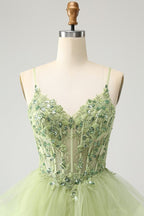 HEULORIA Sage Green Sequin Floral Corset Short Homecoming Dress - Tiered Tulle Party Gown ED-320