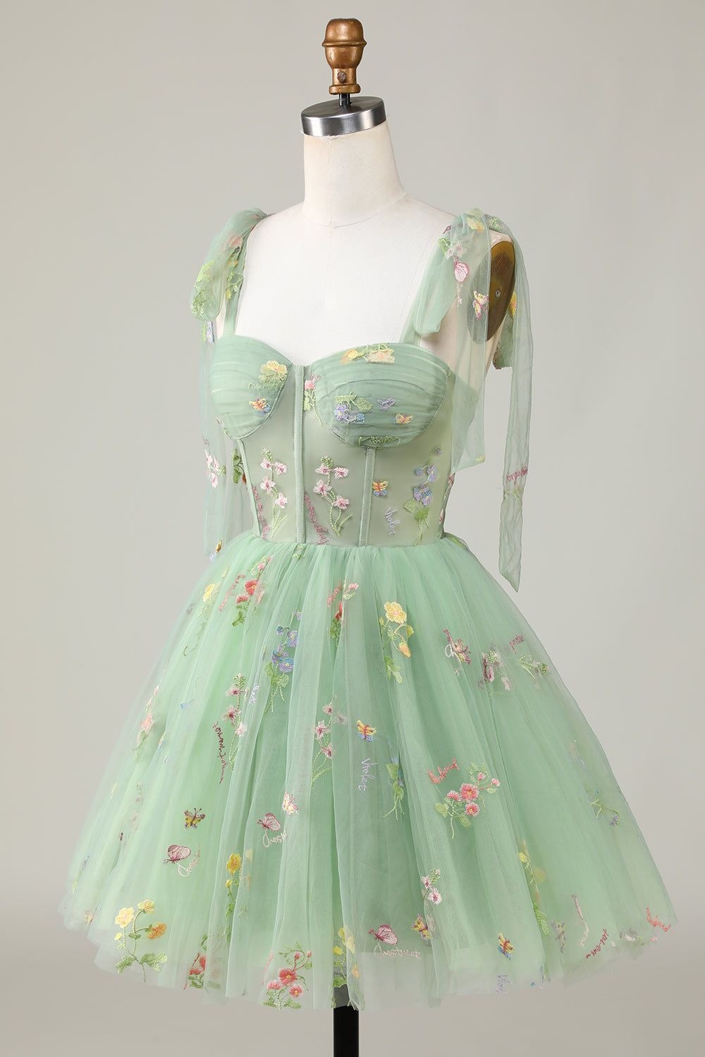 HEULORIA Floral Embroidered Tulle Mini Dress - Sweetheart Corset Bodice with Sheer Tie-Shoulder Straps ED-273
