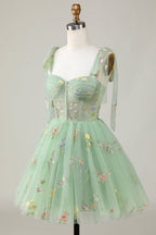 HEULORIA Floral Embroidered Tulle Mini Dress - Sweetheart Corset Bodice with Sheer Tie-Shoulder Straps ED-273