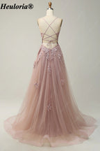 HEULORIA Spaghetti Strap Lace Applique A-Line Tulle Prom Dress ED-337