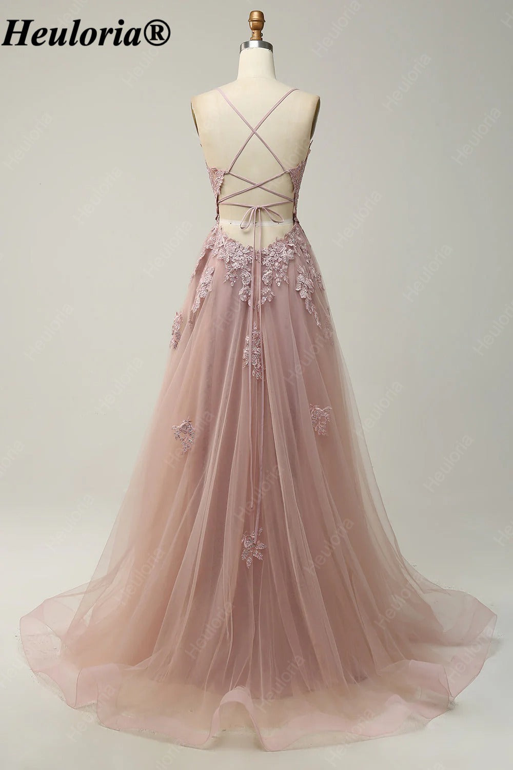 HEULORIA Spaghetti Strap Lace Applique A-Line Tulle Prom Dress ED-337