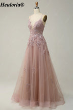 HEULORIA Spaghetti Strap Lace Applique A-Line Tulle Prom Dress ED-337