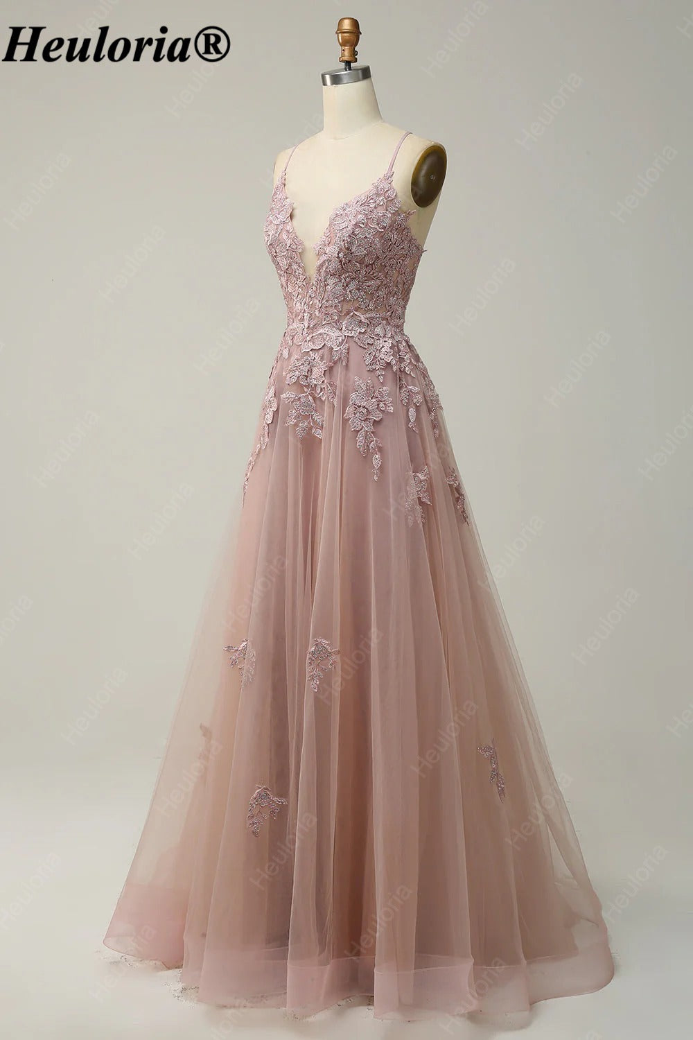 HEULORIA Spaghetti Strap Lace Applique A-Line Tulle Prom Dress ED-337