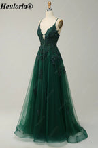HEULORIA Spaghetti Strap Lace Applique A-Line Tulle Prom Dress ED-337