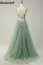 HEULORIA Spaghetti Strap Lace Applique A-Line Tulle Prom Dress ED-337