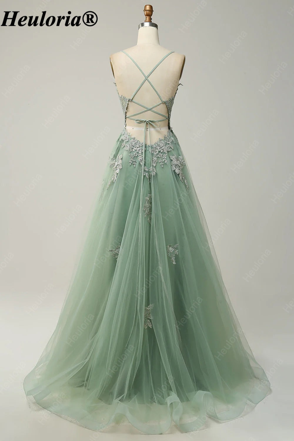 HEULORIA Spaghetti Strap Lace Applique A-Line Tulle Prom Dress ED-337