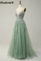 HEULORIA Spaghetti Strap Lace Applique A-Line Tulle Prom Dress ED-337
