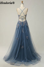 HEULORIA Spaghetti Strap Lace Applique A-Line Tulle Prom Dress ED-337