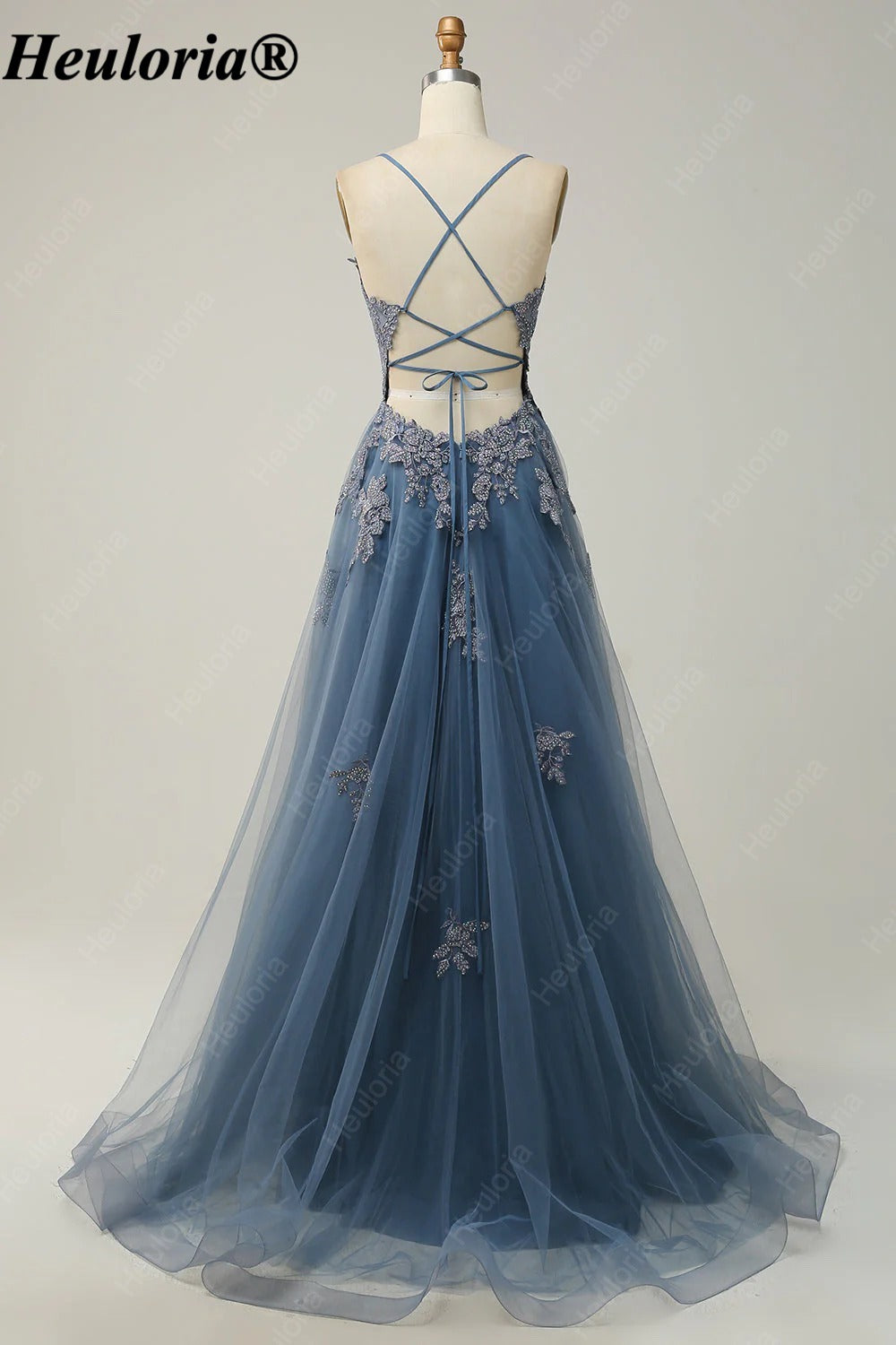 HEULORIA Spaghetti Strap Lace Applique A-Line Tulle Prom Dress ED-337