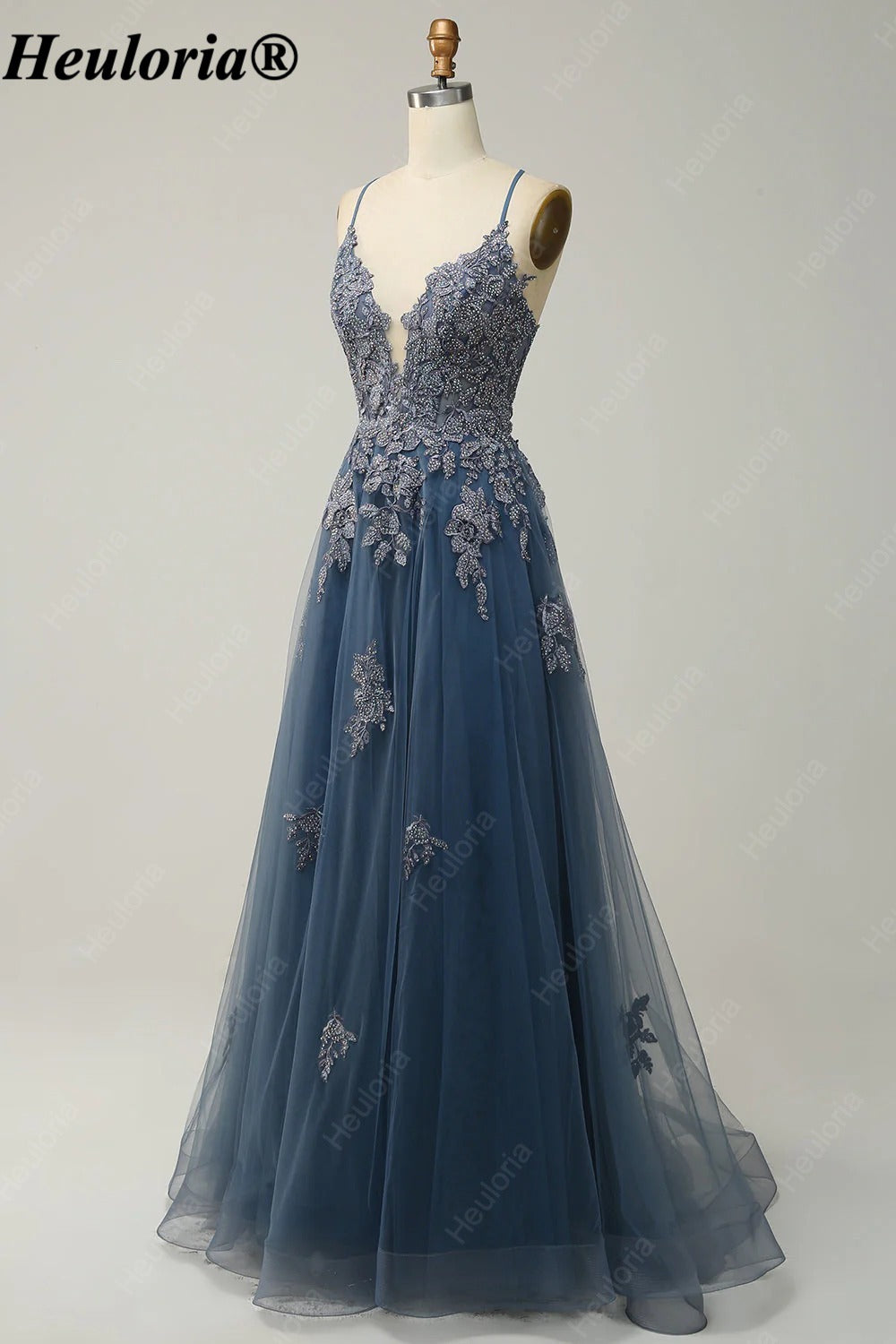 HEULORIA Spaghetti Strap Lace Applique A-Line Tulle Prom Dress ED-337