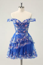 HEULORIA Champagne Off-the-Shoulder Sequin Tiered Mini Dress - Corset Bodice Party & Homecoming Dress ED-277