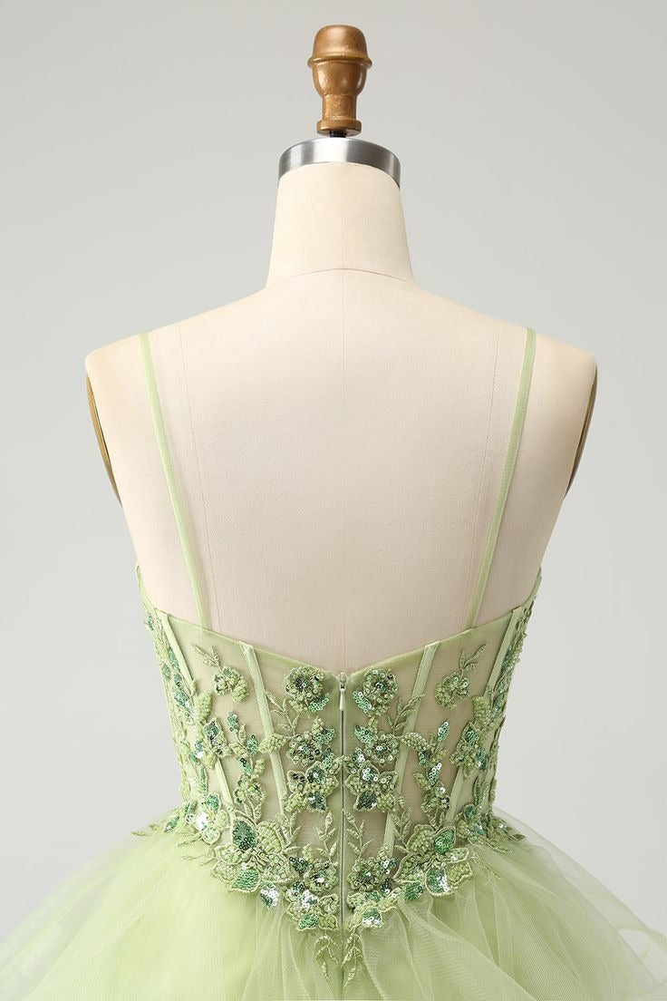 HEULORIA Sage Green Sequin Floral Corset Short Homecoming Dress - Tiered Tulle Party Gown ED-320