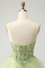HEULORIA Sage Green Sequin Floral Corset Short Homecoming Dress - Tiered Tulle Party Gown ED-320