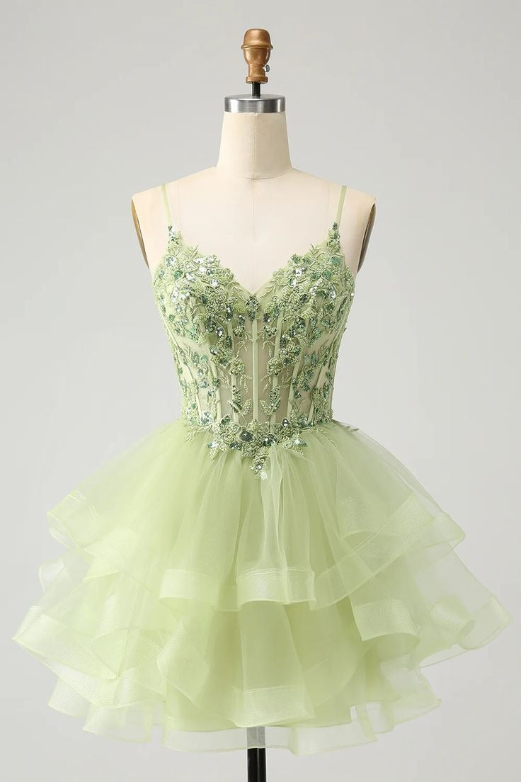 HEULORIA Sage Green Sequin Floral Corset Short Homecoming Dress - Tiered Tulle Party Gown ED-320