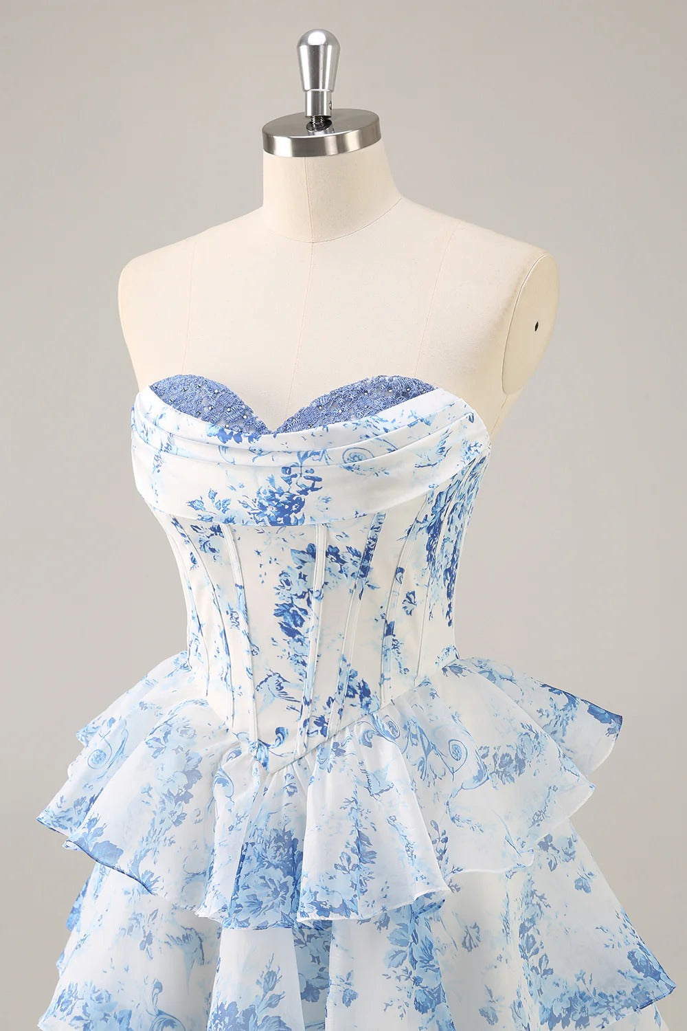 HEULORIA Strapless Sweetheart Floral Corset Mini Dress with Tiered Ruffle Skirt ED-280