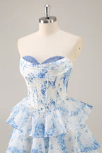 HEULORIA Strapless Sweetheart Floral Corset Mini Dress with Tiered Ruffle Skirt ED-280