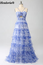 HEULORIA Blue Floral Tiered Tulle A-Line Prom Dress with Cutout Bodice ED-342