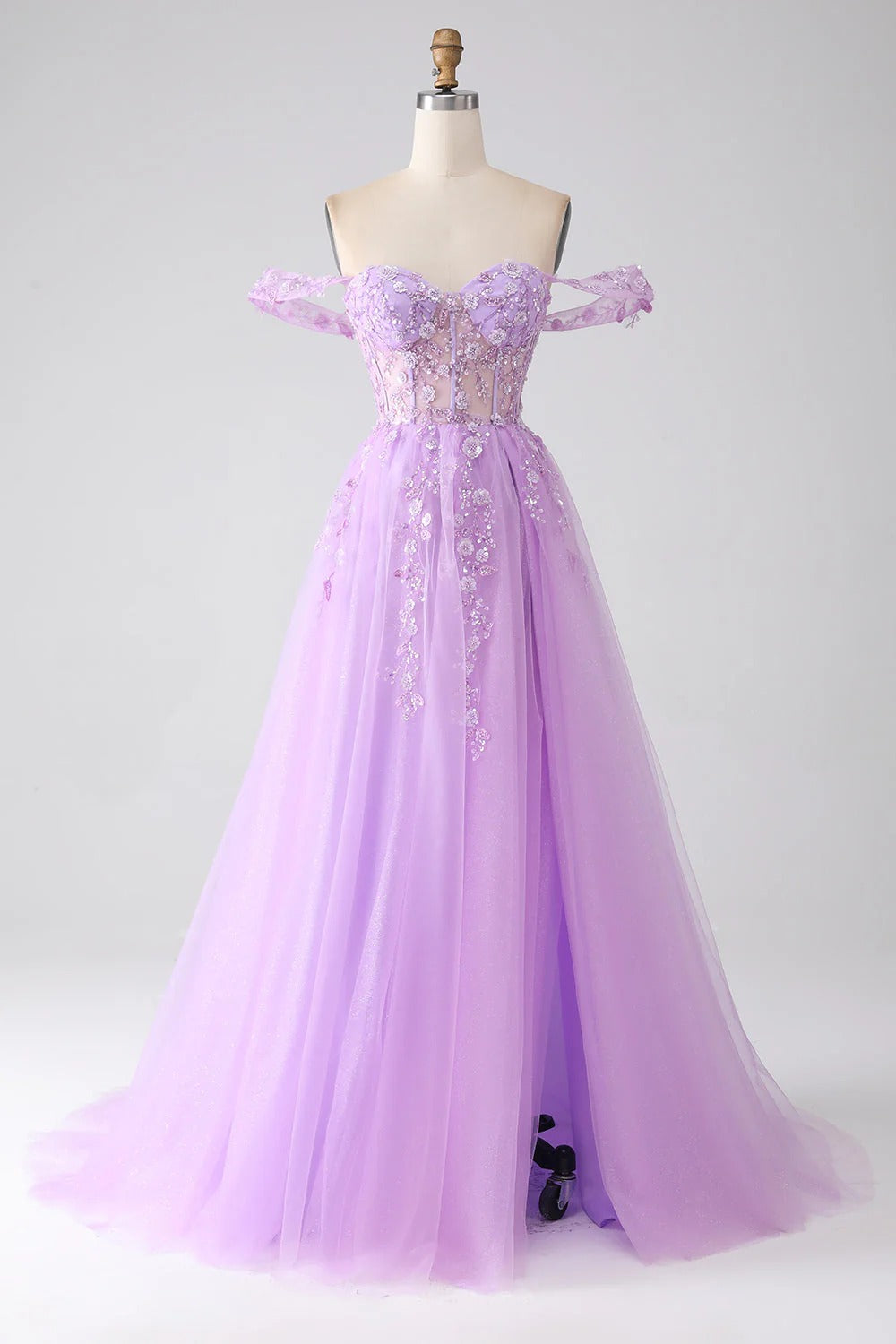 HEULORIA Lilac Off-The-Shoulder Sweetheart Prom Dress with 3D Floral Appliques & Corset Bodice ED-338
