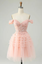 HEULORIA Blush A Line Off The Shoulder Corset Short Tulle Homecoming Dress ED-326
