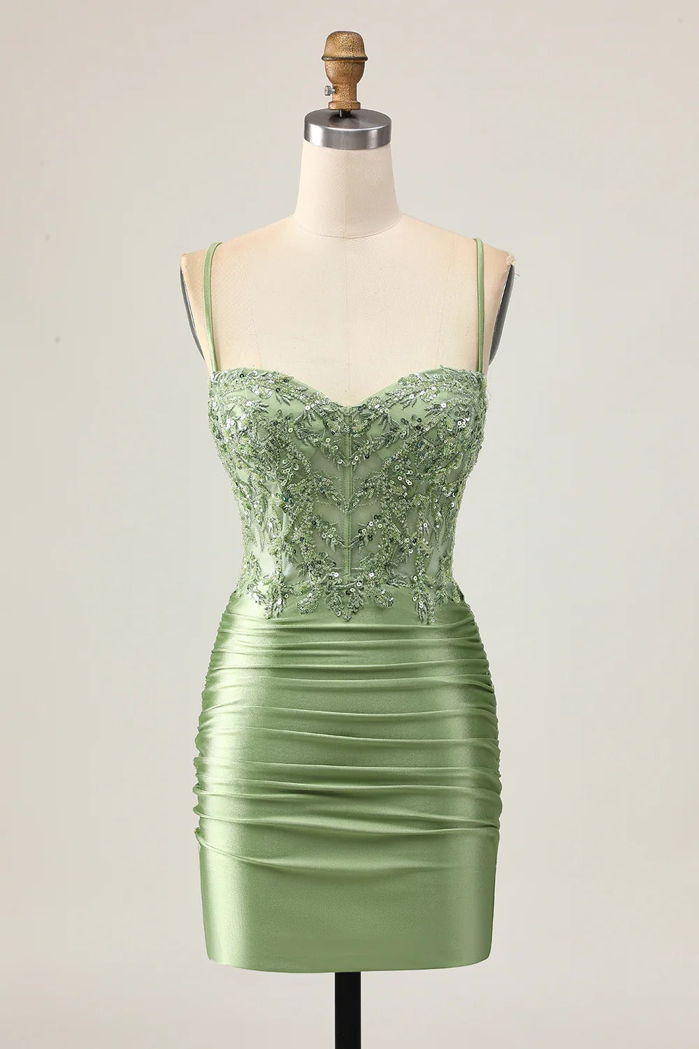 HEULORIA Sage Green Sequin Lace Corset Homecoming Dress - Ruched Satin Spaghetti Strap Mini Gown ED-304