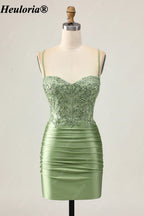 HEULORIA Sage Green Beaded Lace Corset Satin Mini Homecoming Dress with Lace-Up Back ED-304