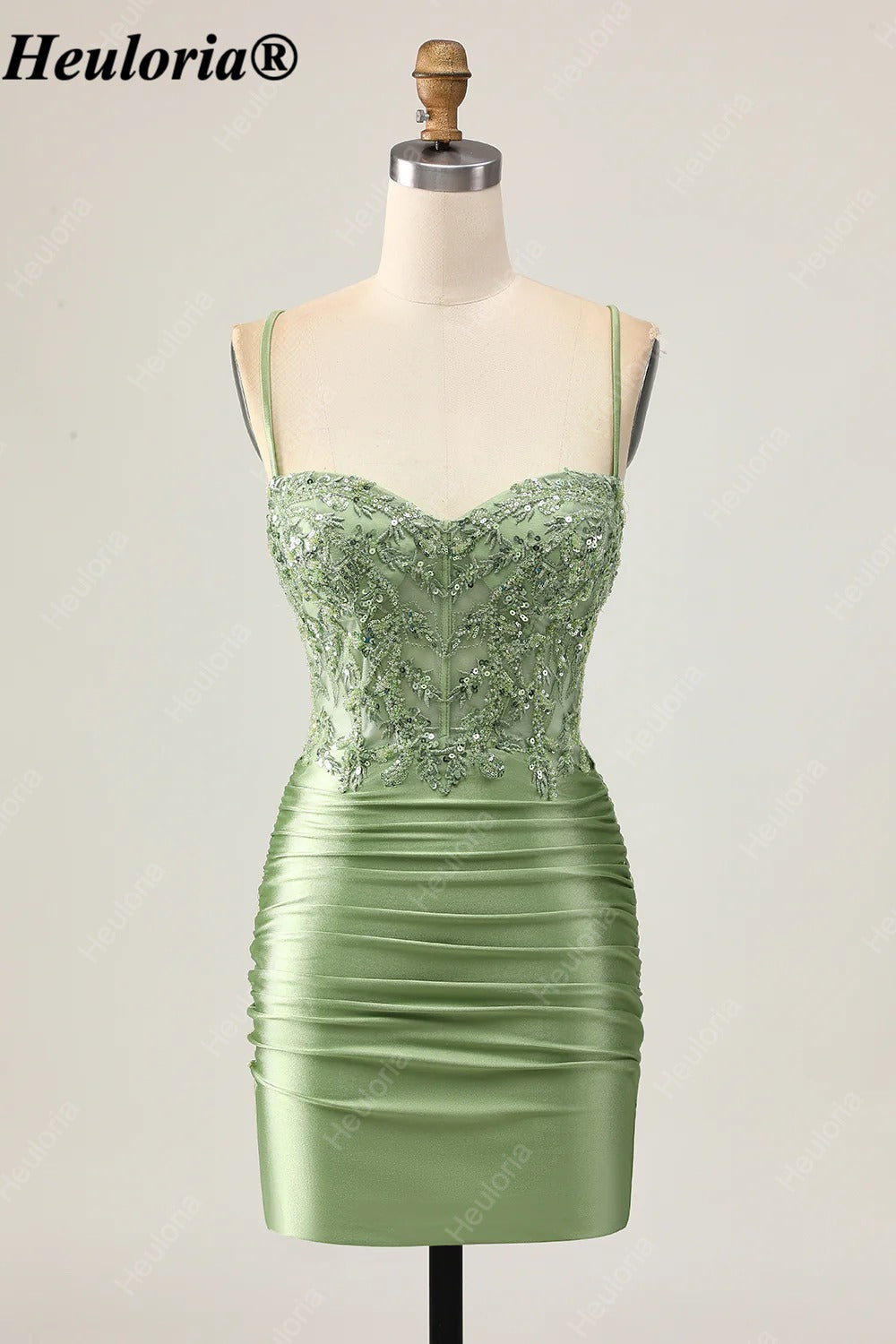 HEULORIA Sage Green Beaded Lace Corset Satin Mini Homecoming Dress with Lace-Up Back ED-304