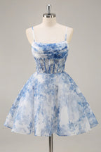 HEULORIA Blue Watercolor Floral Corset Mini Dress with Pleated Neckline & Spaghetti Straps Homecoming DressED-292
