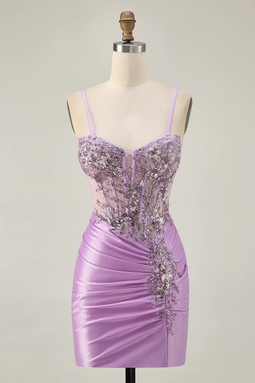 HEULORIA Sparkly Sequin Corset Mini Dress - Sheer Boning Ruched Bodycon Cocktail Gown ED-302