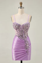 HEULORIA Sparkly Sequin Corset Mini Dress - Sheer Boning Ruched Bodycon Cocktail Gown ED-302