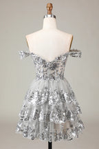 HEULORIA Champagne Off-the-Shoulder Sequin Tiered Mini Dress - Corset Bodice Party & Homecoming Dress ED-277