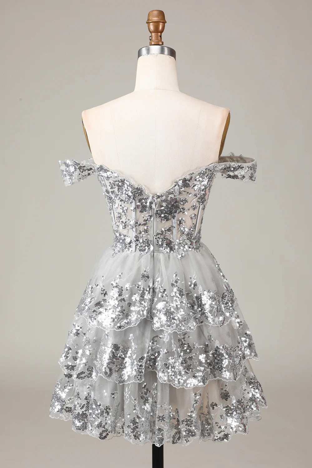 HEULORIA Champagne Off-the-Shoulder Sequin Tiered Mini Dress - Corset Bodice Party & Homecoming Dress ED-277
