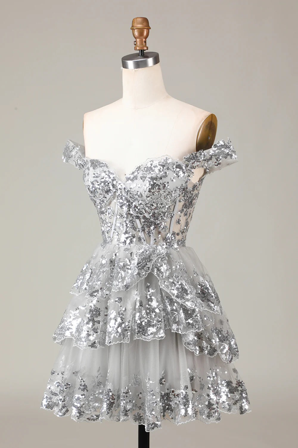 HEULORIA Champagne Off-the-Shoulder Sequin Tiered Mini Dress - Corset Bodice Party & Homecoming Dress ED-277