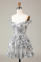 HEULORIA Champagne Off-the-Shoulder Sequin Tiered Mini Dress - Corset Bodice Party & Homecoming Dress ED-277