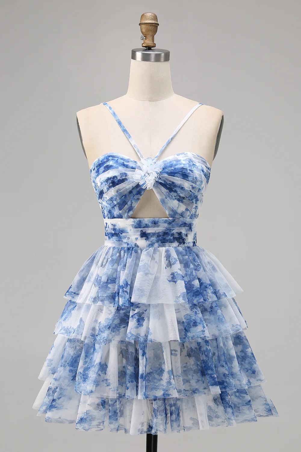 HEULORIA 3D Floral Accent Tiered Tulle Mini Dress - Sweetheart Halter Cutout Cocktail Dress ED-313