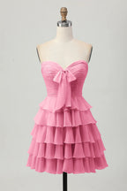 HEULORIA Light Yellow Strapless Tiered Ruched A Line Short Homecoming Dress ED-319