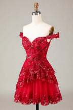 HEULORIA Champagne Off-the-Shoulder Sequin Tiered Mini Dress - Corset Bodice Party & Homecoming Dress ED-277