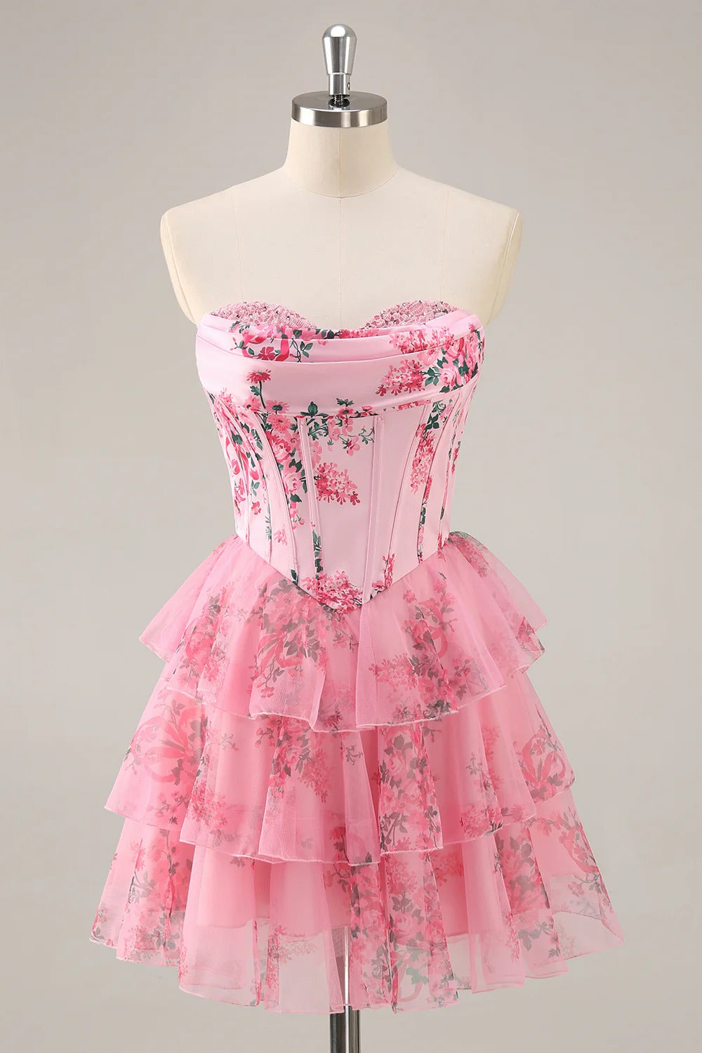 HEULORIA Strapless Sweetheart Floral Corset Mini Dress with Tiered Ruffle Skirt ED-280