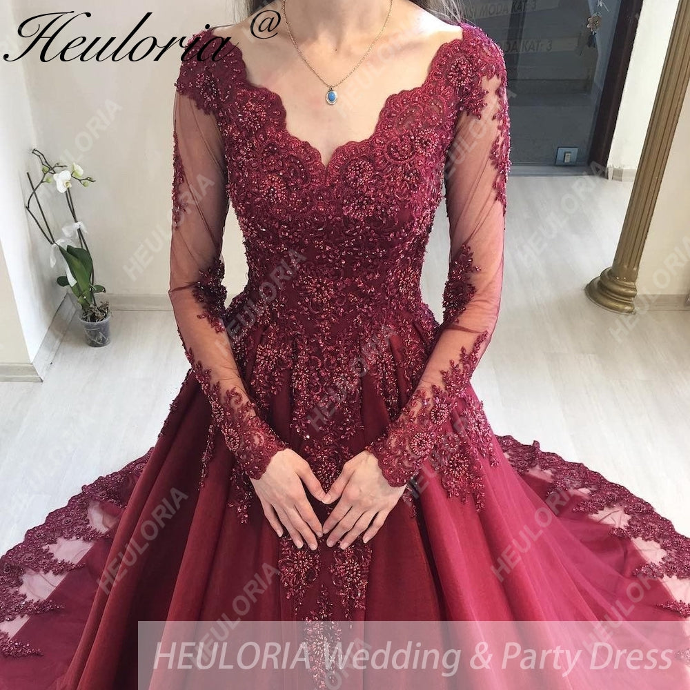 HEULORIA Ball-Gown/Princess Wedding Dress long sleeve V neck beads lace tulle bride dress BA-1252