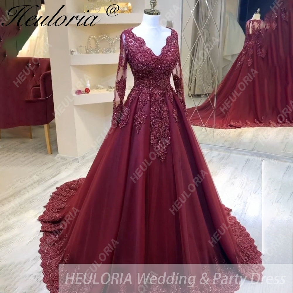 HEULORIA Ball-Gown/Princess Wedding Dress long sleeve V neck beads lace tulle bride dress BA-1252
