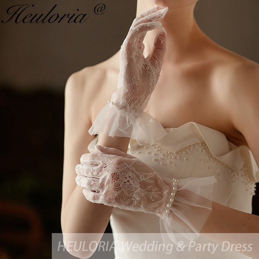 Fingertips Classic Length Tulle Bridal Gloves with pearls GL-12