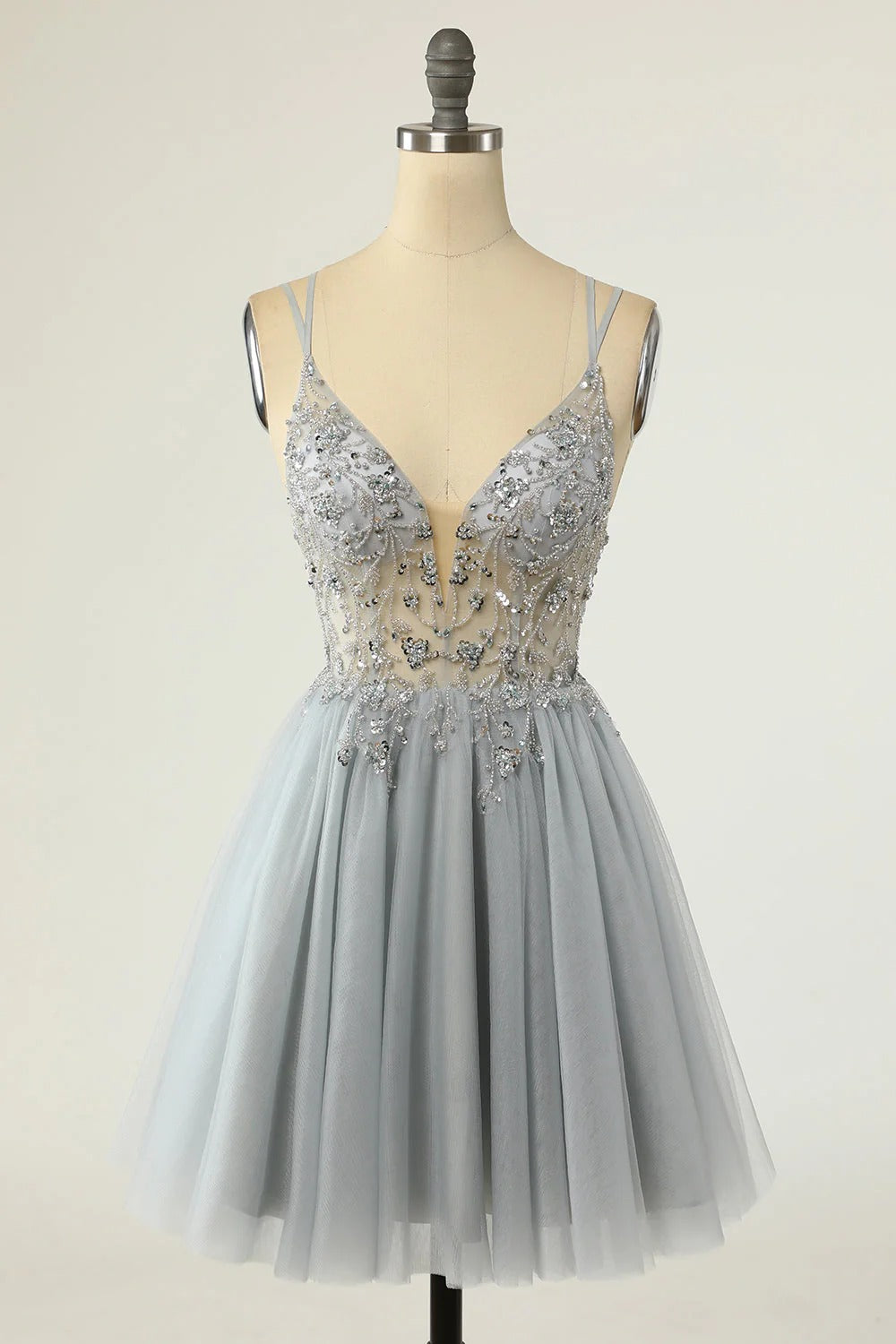 HEULORIA Sparkly Silver-Grey Beaded Tulle Short Prom Dress - Illusion Deep V-Neck & Double Spaghetti Straps ED-305