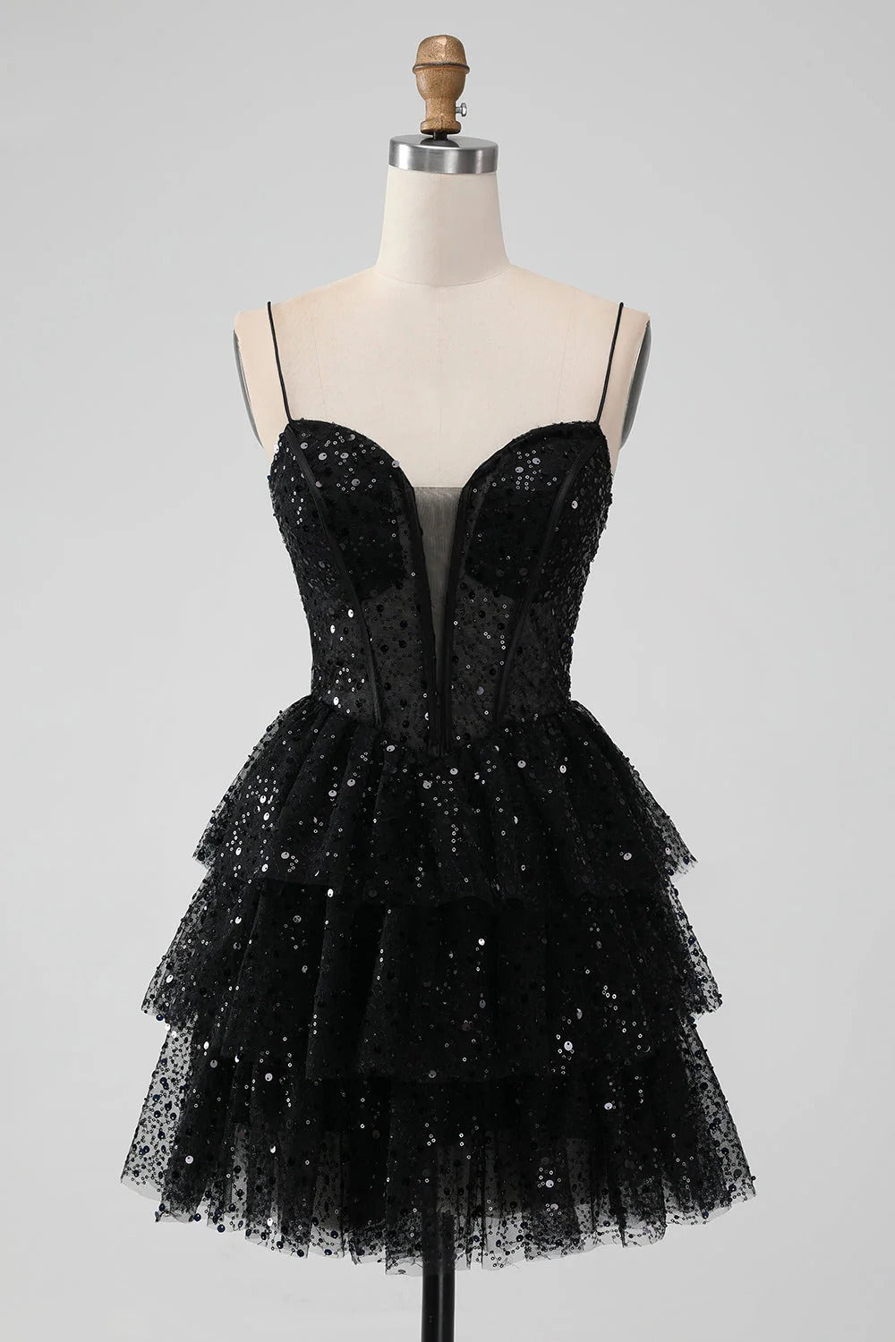 HEULORIA Sparkling Black Sequined Tiered Mini Homecoming Dress - Illusion Deep V & Spaghetti Straps ED-307