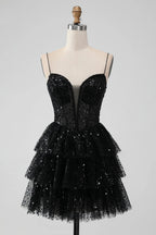 HEULORIA Sparkling Black Sequined Tiered Mini Homecoming Dress - Illusion Deep V & Spaghetti Straps ED-307