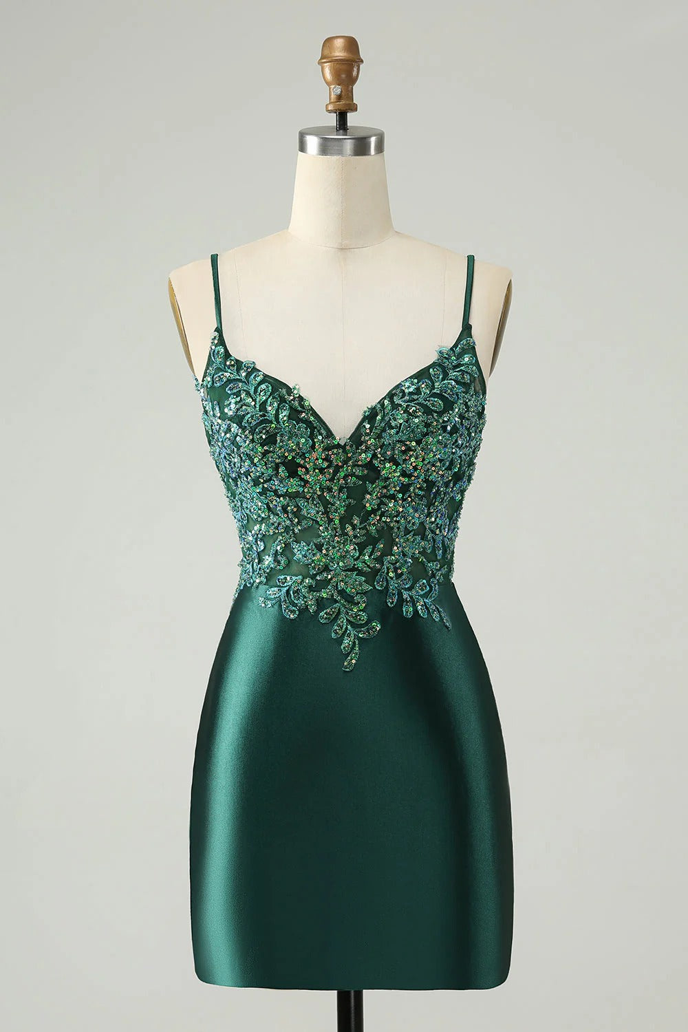 HEULORIA Emerald Green Sequin Lace Bodice Satin Mini Dress - V-Neck Spaghetti Strap Cocktail Party Gown ED-289
