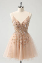 HEULORIA Blush A Line Spaghetti Straps Sequin Tulle Homecoming Dress with Beading ED-311